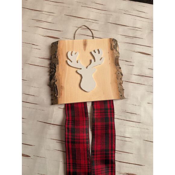 Holiday Christmas Card Holder Reindeer on Aspen Wood Double Plaid Ribbon - Picture 3 of 5